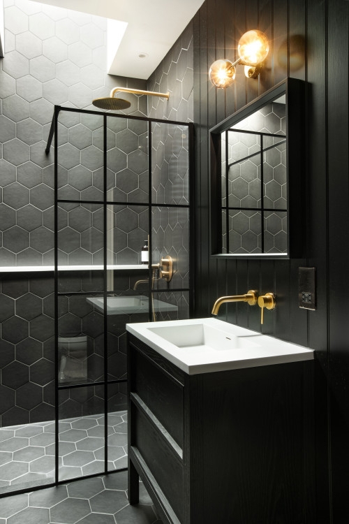 Moody Hex Tile Shower Design with Industrial Grid Glass Screen