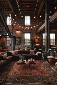 Moody Industrial Living Room with String Lights Decor and Brick Wall