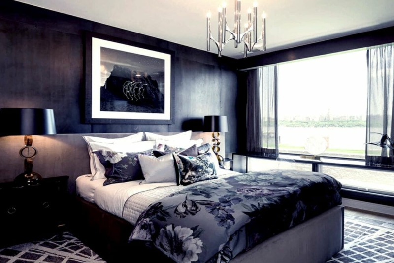 Moody Modern Bed with Dark Floral Bedding Ideas