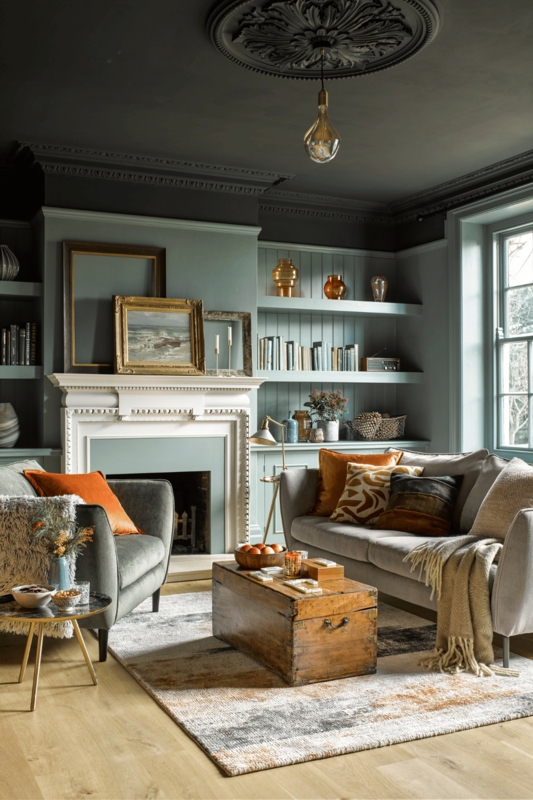 Moody Sage Green Living Room with Charcoal Ceiling and Trunk Table