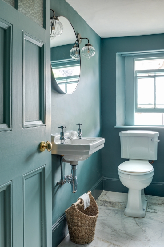 Moody Teal Bathroom Design: Small Powder Room, Wall Hung Sink