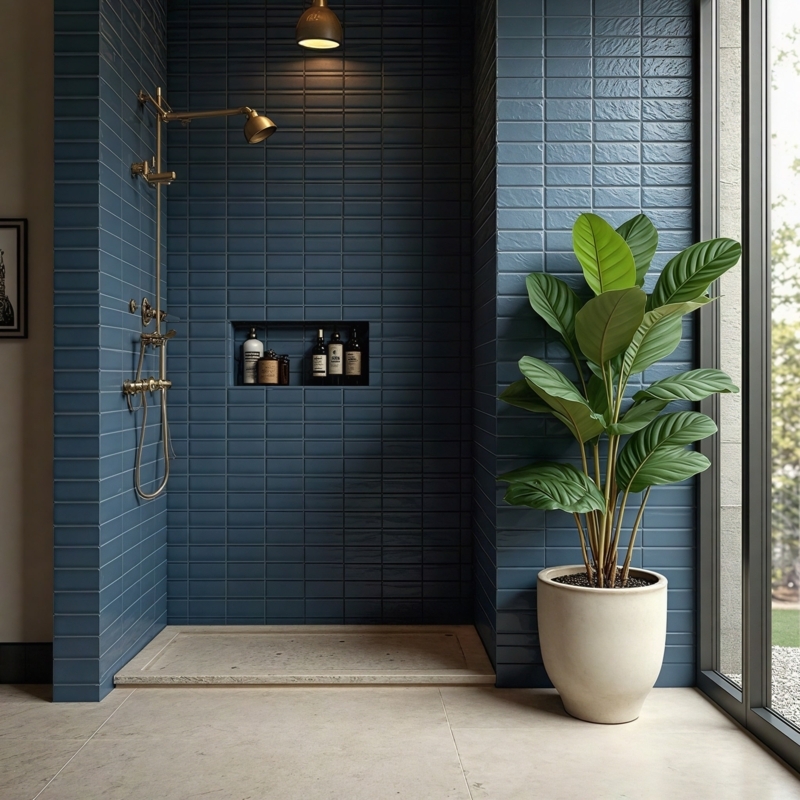 Moody Walk-In Shower Design with Vertical Stacked Blue Tile and Gold