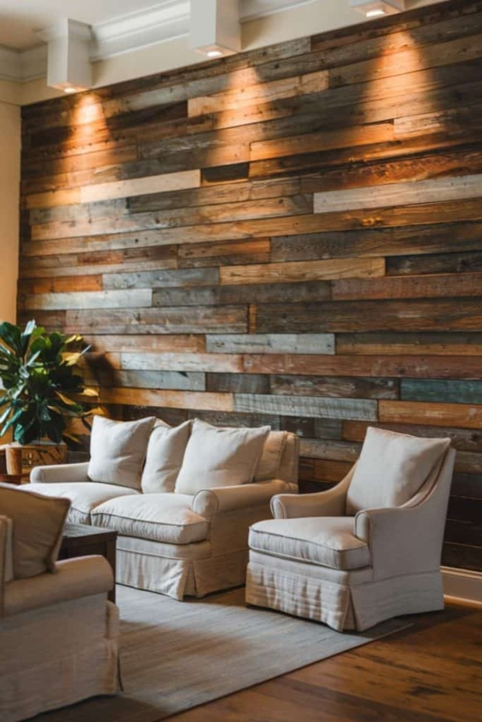 Multi-Toned Wood Plank Wall Paneling with Skirted Upholstery
