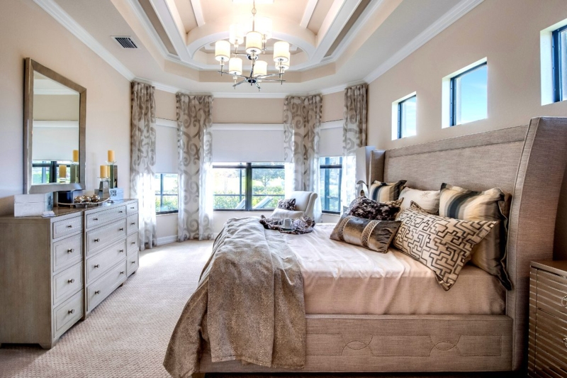 Multilevel Tray Ceiling and Upholstered Wingback Bed Lighting Ideas