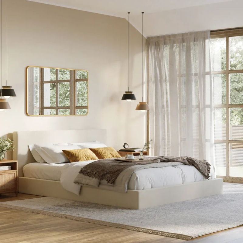 Mustard Accents with Low Profile Cream Upholstered Bed