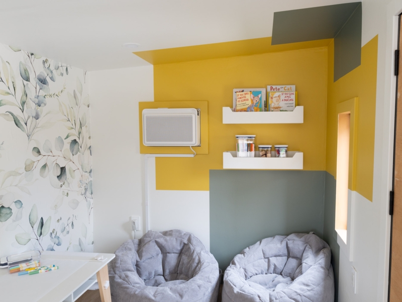 Mustard Yellow and Grey Playroom Nook with Color Block Wall Decor