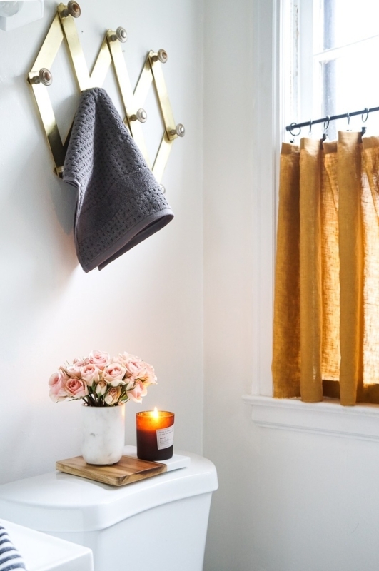 Mustard Yellow Cafe Curtains with Brass Accordion Towel Rack