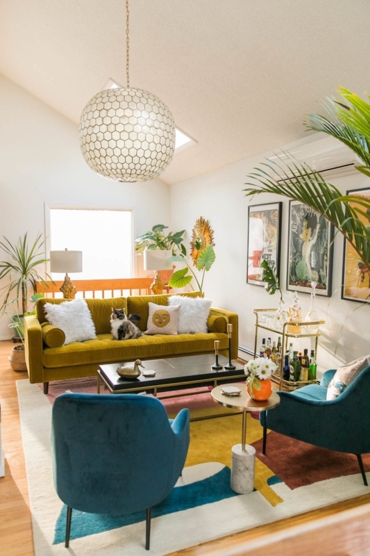 Mustard Yellow Velvet Sofa Styling: Vibrant Mid-Century Glam Room