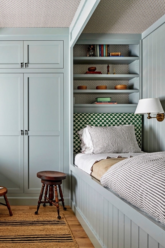 Muted Blue Built-in Bed Alcove featuring Patterned Ceiling