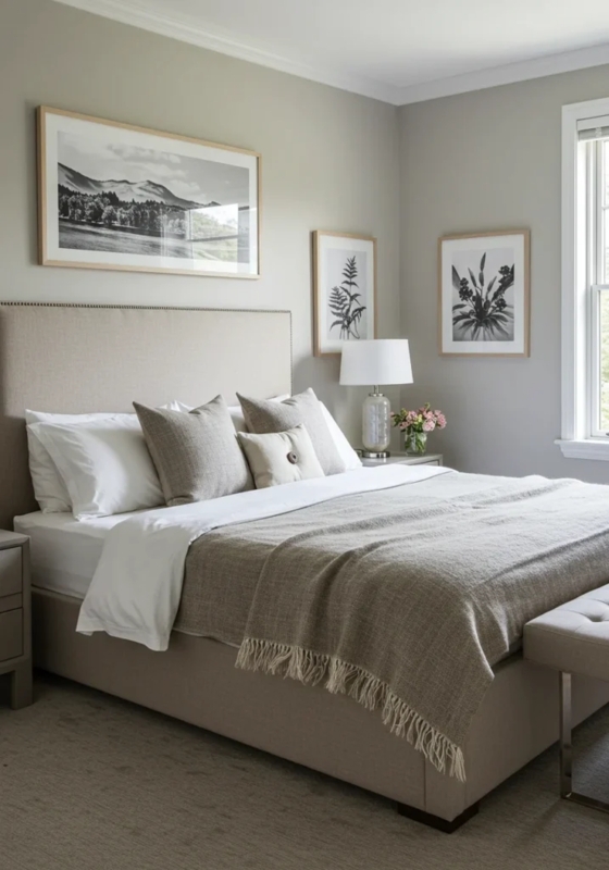 Nailhead Trim Upholstered Bed with Fringed Throw & Neutral Layering