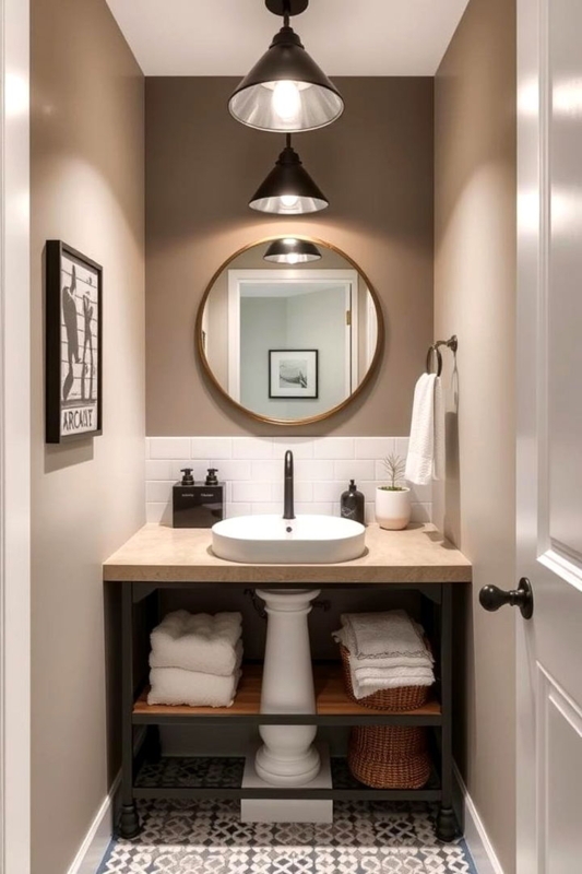 Narrow Basement Bathroom Layout with Open Vanity and Vessel Sink