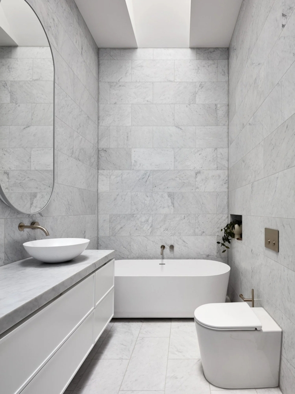 Narrow Bathroom with Monochromatic Marble Tile and Skylight