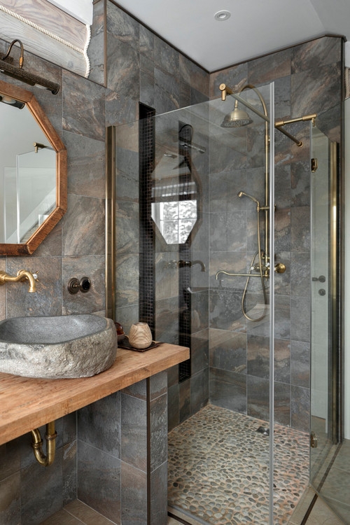 Natural Pebble Shower Floor in Rustic Stone Bathroom Design