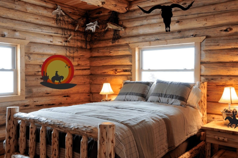 Natural Wood Branch Bed Frame in Log Cabin Bedroom