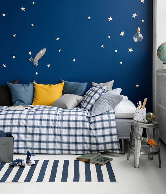 Navy Accent Wall with Star and Rocket Wall Decals & Plaid Bedding