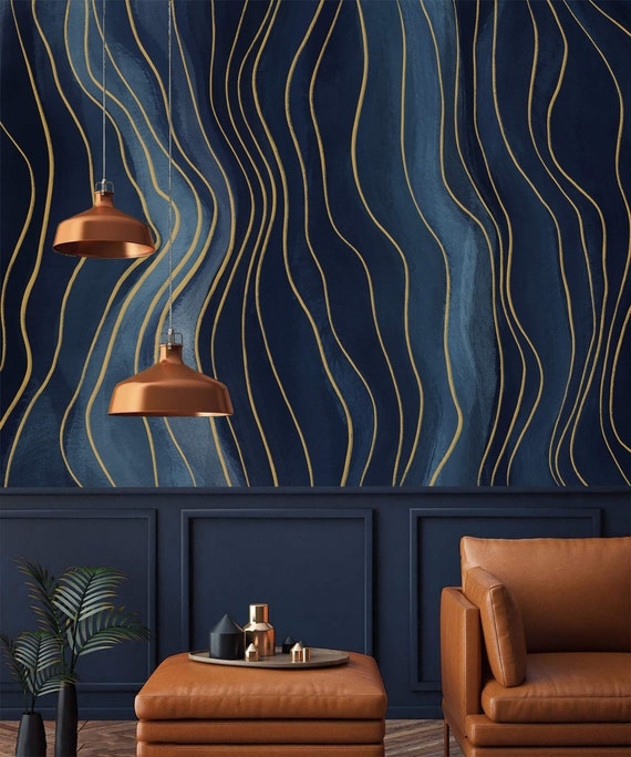 Navy and Gold Abstract Mural Wall: Copper Pendants and Cognac Leather