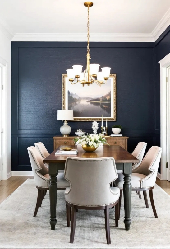 Navy Blue Accent Wall Dining Room with Traditional Geometric Molding