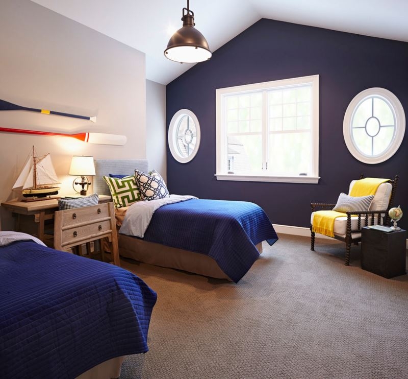 Navy Blue Accent Wall with Porthole Windows Nautical Themed Bedroom