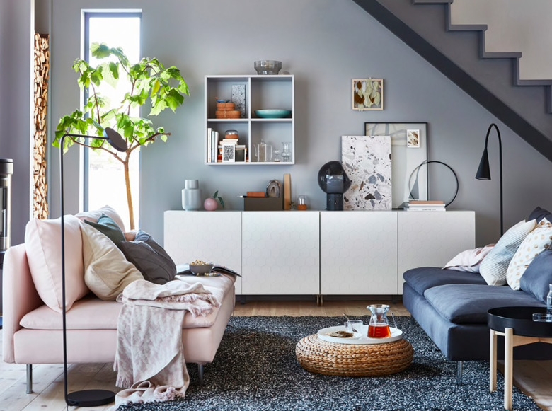 Navy Blue and Pink Living Room with Woven Pouffe Coffee Table Styling