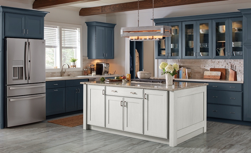Navy Blue and White Kitchen with Exposed Wood Ceiling Beams and Island