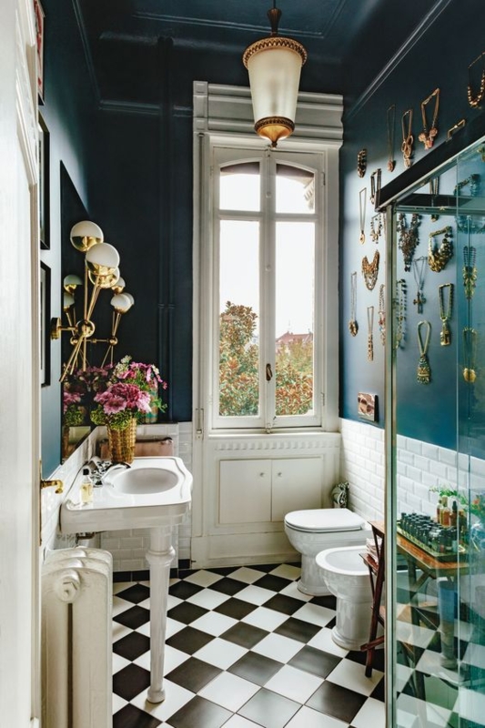 Navy Blue Bathroom Wall Decor Featuring Jewelry Display Art