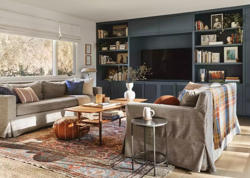 Navy Blue Built In Entertainment Center with Medallion Area Rug