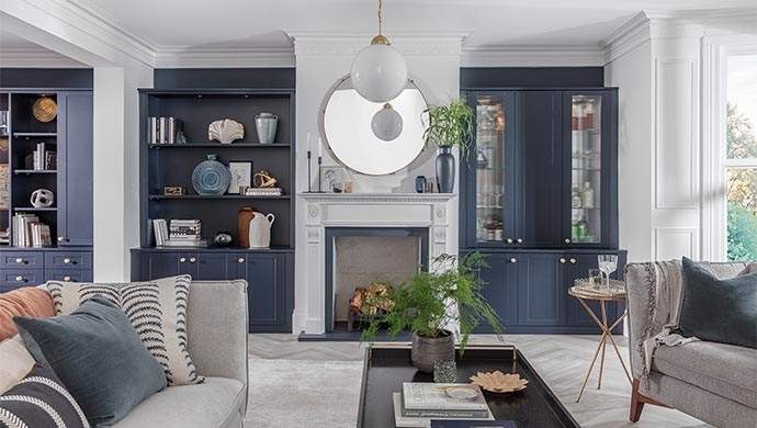 Navy Blue Built-In Storage with Glass Front Cabinets