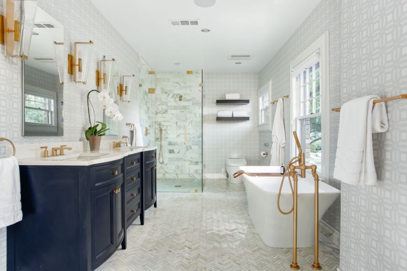Navy Blue Double Vanity Bathroom with Herringbone Floor