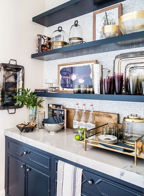 Navy Blue Floating Shelves in a Wet Bar with Mosaic Tile Backsplash