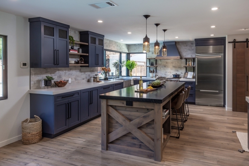 Navy Blue Industrial Kitchen Design: Rustic X-Brace Island