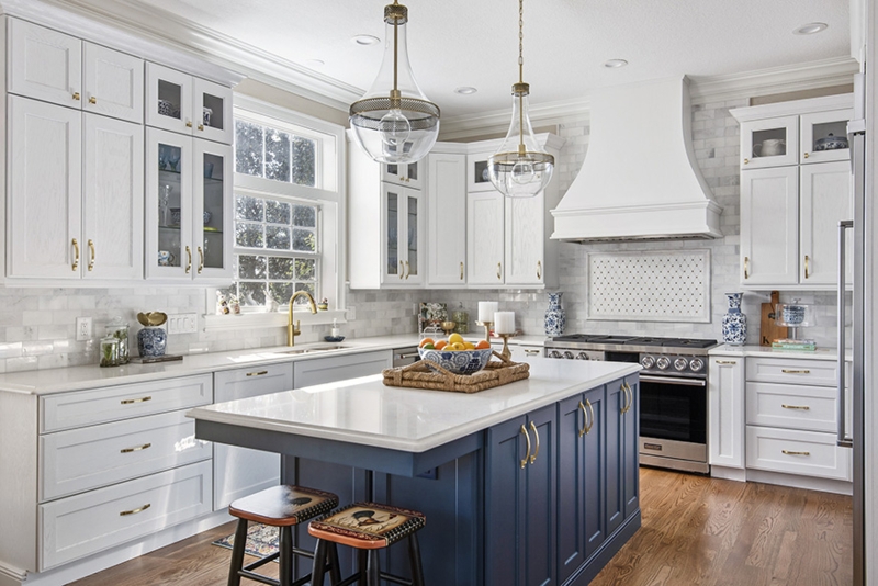 Navy Blue Kitchen Island with Gold Hardware Accents