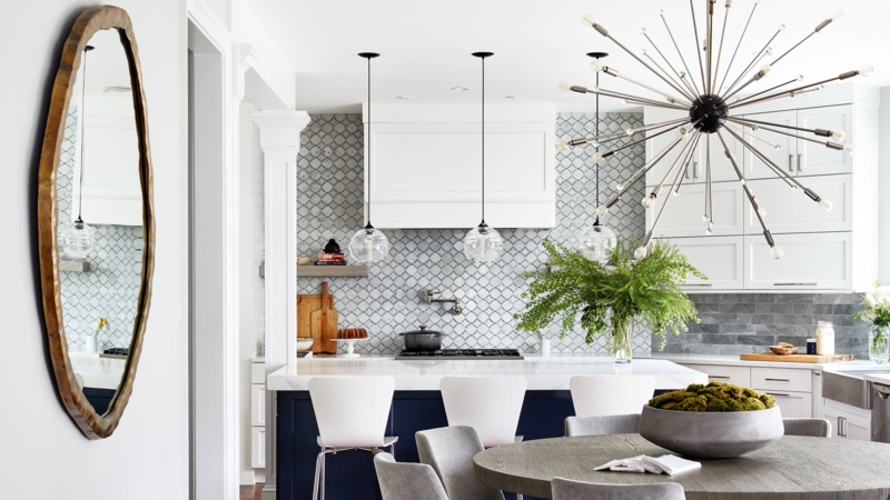 Navy Blue Kitchen Island with Sputnik Chandelier & Scalloped Tile