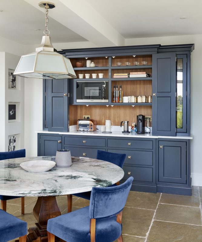 Navy Blue Kitchen Pantry with Wood-Lined Interior & Breakfast Station