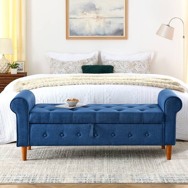 Navy Blue Linen Upholstered Storage Bench with Rolled Arms