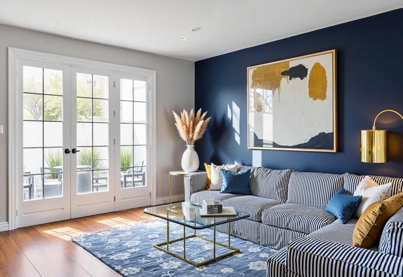 Navy Blue Living Room Accent Wall: Striped Sectional Sofa Styling