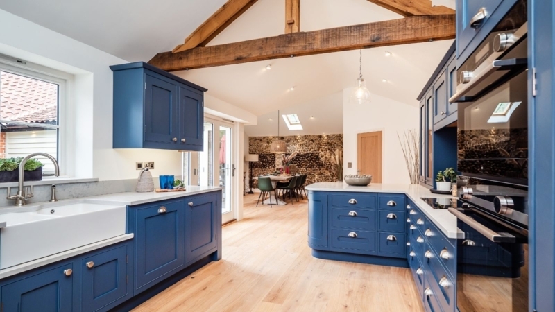 Navy Blue Shaker Kitchen Cabinets with Rustic Exposed Beams