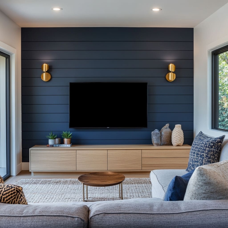 Navy Blue Shiplap Accent Wall with Gold Sconces