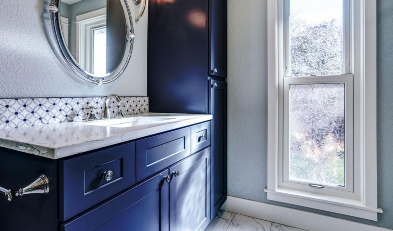 Navy Blue Transitional Vanity with Integrated Linen Tower