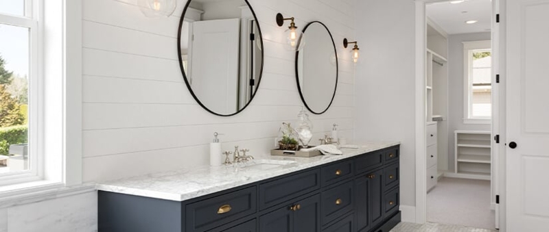 Navy Blue Vanity: Modern Farmhouse with Shiplap & Round Mirrors