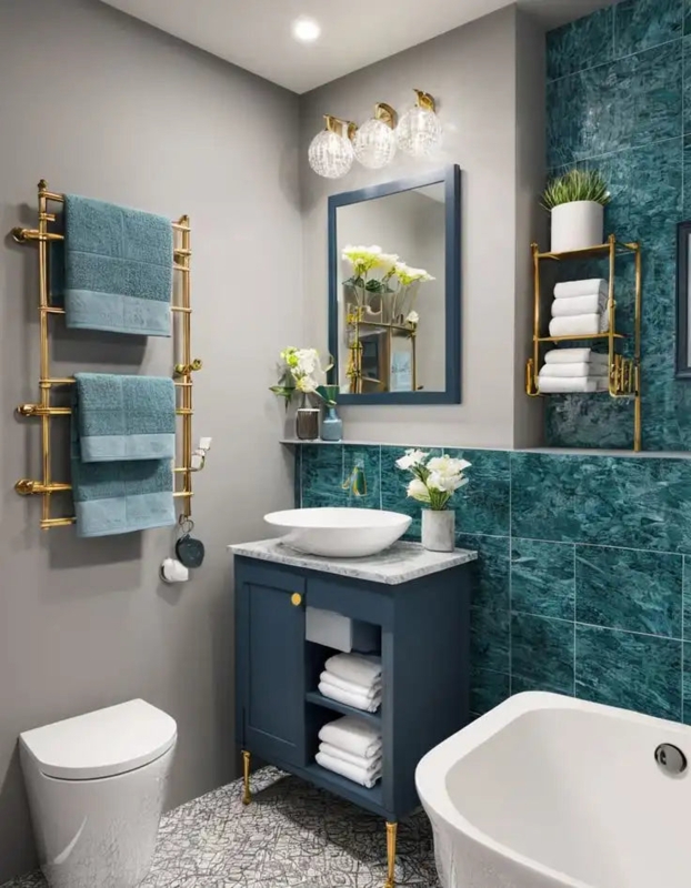 Navy Blue Vanity with Gold Hardware and Teal Marbled Wall Tiles