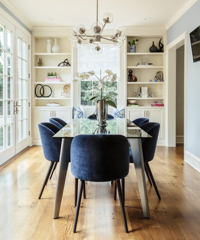 Navy Blue Velvet Dining Chairs with Glass Top Table & Built-Ins