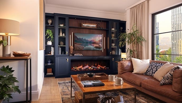 Navy Built-in Media Wall with Slatted Wood and Fireplace
