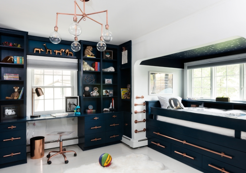 Navy Built-in Storage with Copper Hardware and Starry Nook