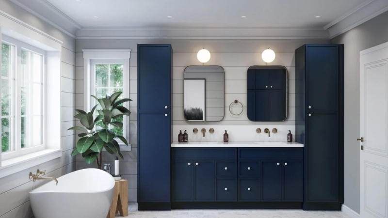 Navy Double Vanity with Integrated Storage Towers and Gold Accents