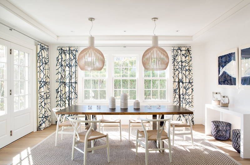 Navy Geometric Window Treatments for Modern Coastal Dining Room