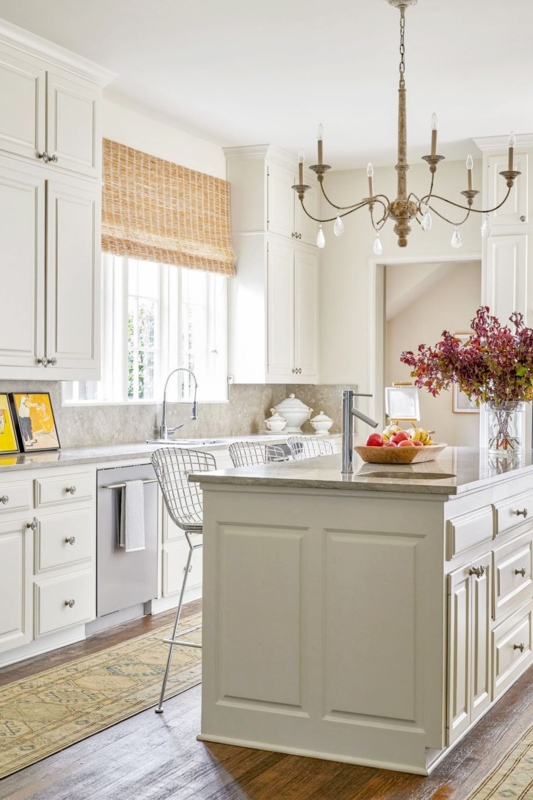 Navy Island with Geometric Tile Backsplash and Backless Stools