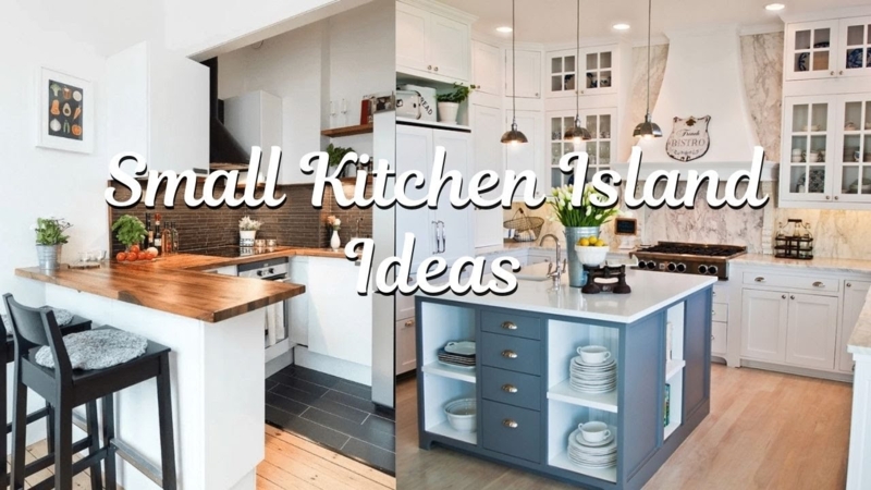 Navy Kitchen Island with Marbled Countertop and Breakfast Bar Seating