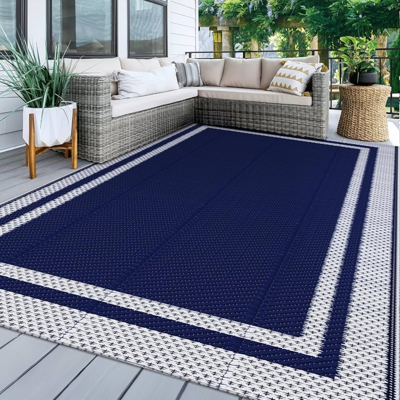 Navy Outdoor Area Rug Interlocking Trellis Reversible Poolside Decor