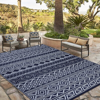 Navy Outdoor Rug Trellis Pattern Reversible Coastal Deck