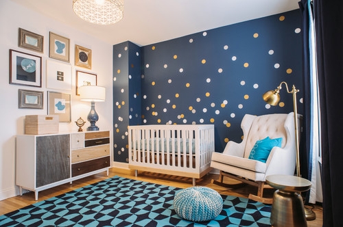 Navy Polka Dot Nursery Wall with Modern Crib & Geometric Rug
